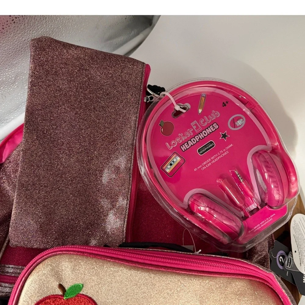 Locker Club 4pc Backpack Set Pink Gold Glitter Lunch Bag Pencil Case Headphones